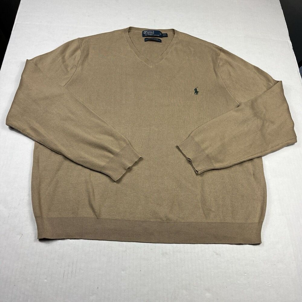 Polo Ralph Lauren Tan Cotton V-Neck Pullover Sweater XXL Preppy Classic Knit